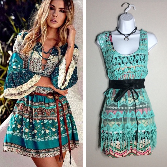 🎀 4PC BOHO CHIC TEAL MINI DRESS FRINGE TRIBAL BELT NECKLACE BOHEMIAN BUNDLE SET - Picture 8 of 8